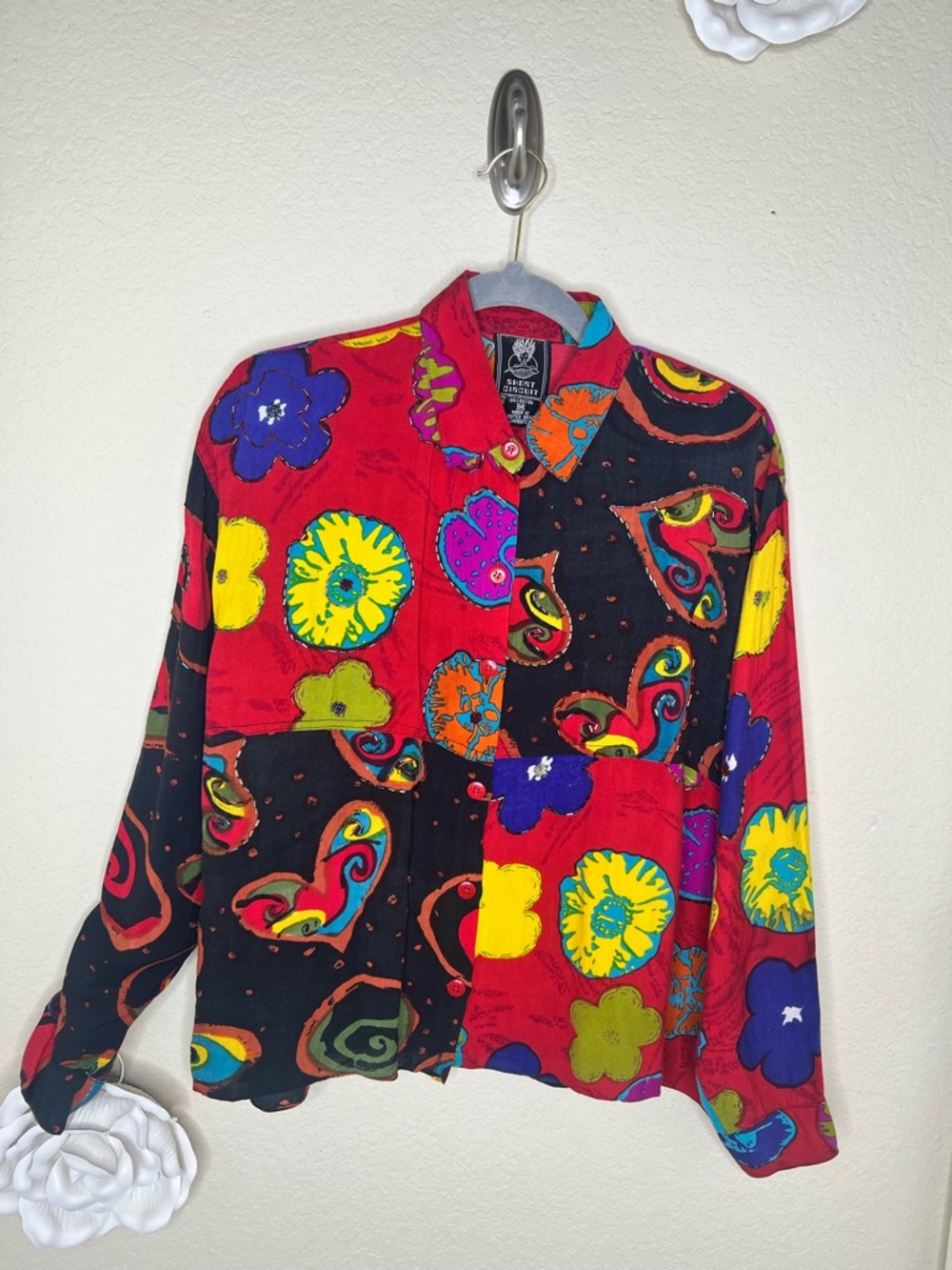 NTM Vintage 90s Patchwork Beaded Blouse Bold Art Teacher Whimsigoth Floral Sz M